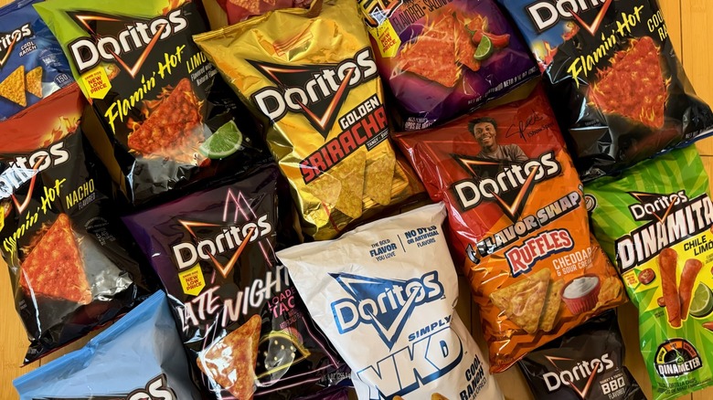 close-up of variety of bagged Doritos