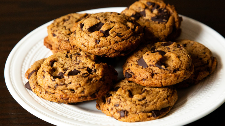 A plate of freshly-baked chocolate chip cookies