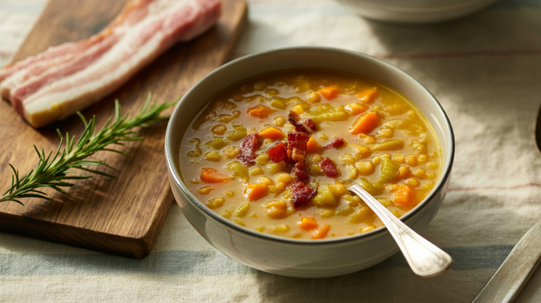 A bowl of split pea soup next to a cutting board with bacon on it