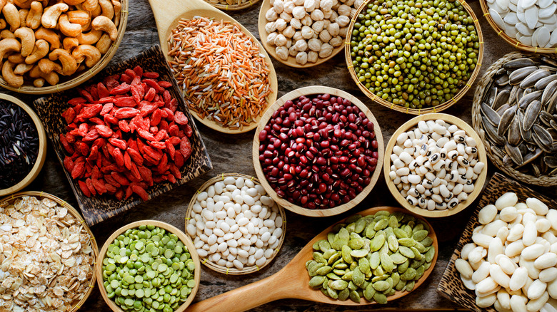 A collection of dry foods on spoons