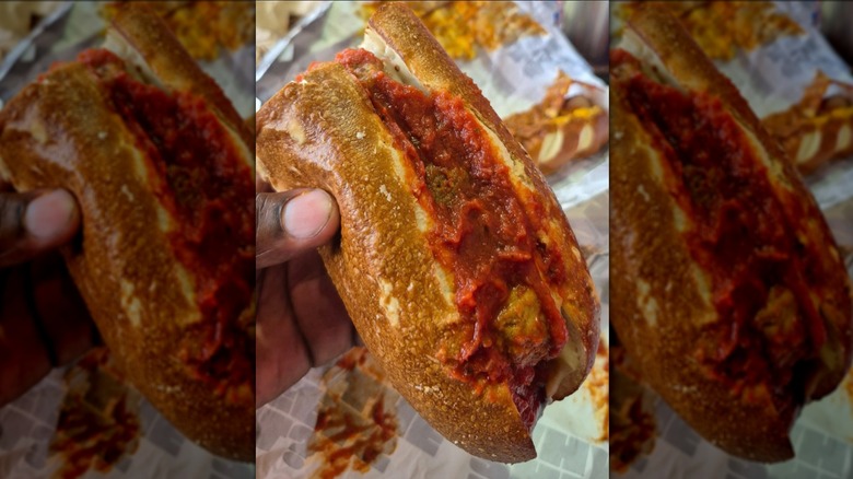 Hand holding a meatball sub