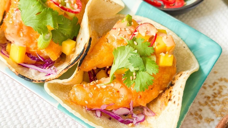 Close up of dynamite shrimp tacos