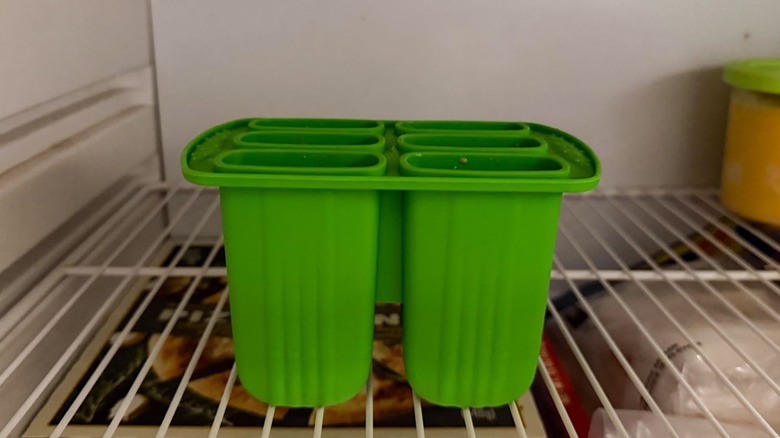 Green popsicle mold in freezer