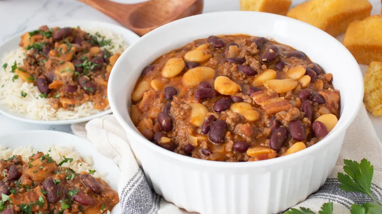 Ramekin of calico beans with cornbread.