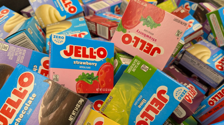 boxes of jell-o mix piled together