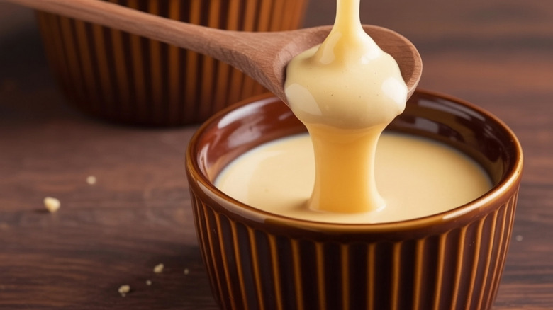 Brown ceramic bowl full of sweetened condensed milk.