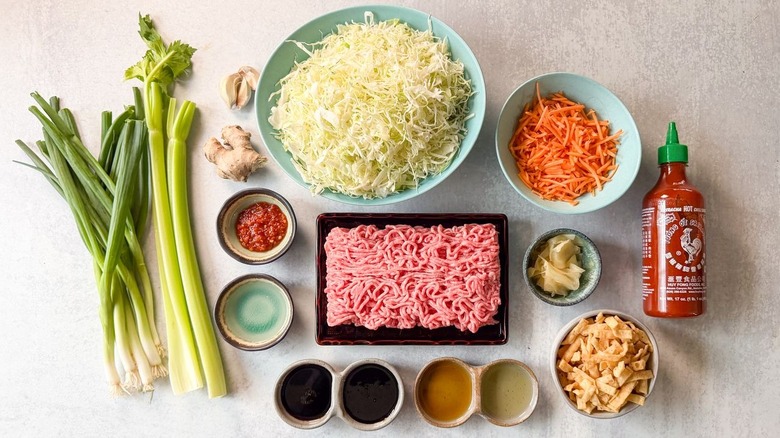 Easy pork egg roll in a bowl ingredients on countertop