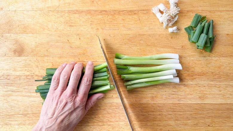 Cutting scallions into white and green parts on cutting board