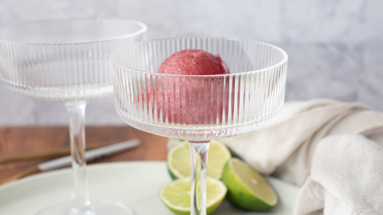 Cranberry sorbet scoop in coupe glass