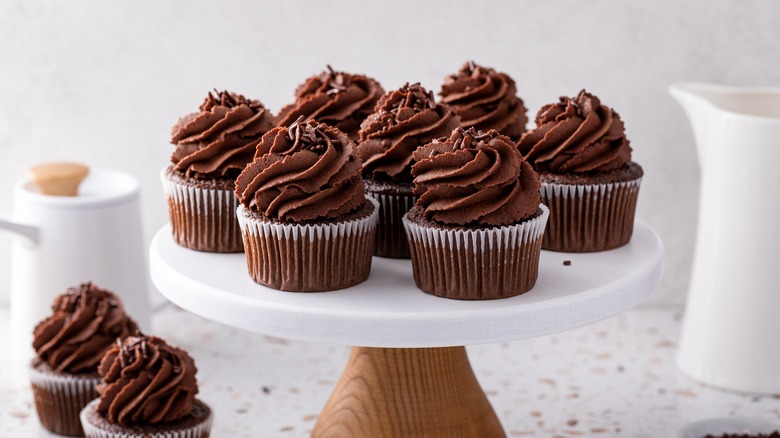 Chocolate cupcakes with chocolate frosting and sprinkles