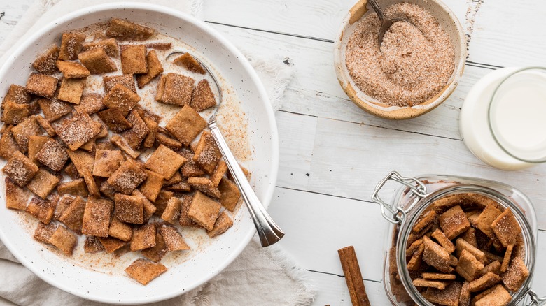 cinnamon sugar on cereal in a bowl with a spoon
