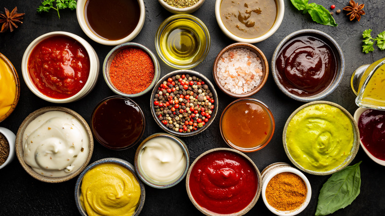 Various toppings, sauces, and seasonings