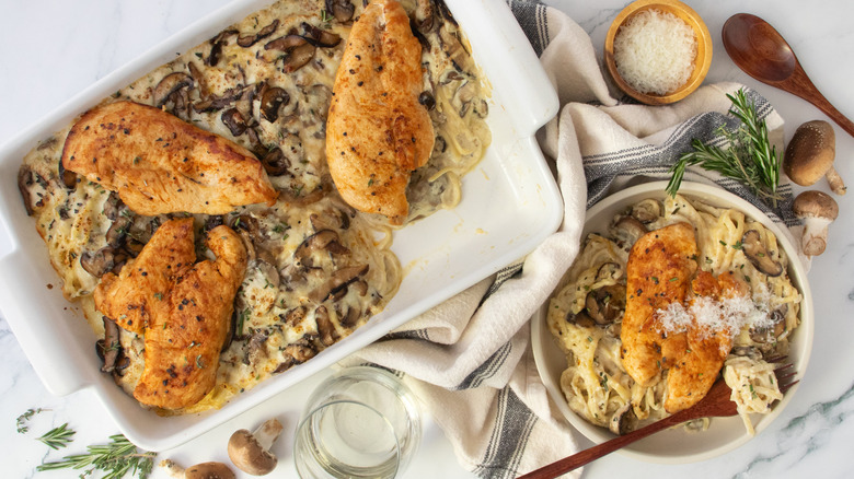 Chicken tetrazzini casserole with composed plate overhead