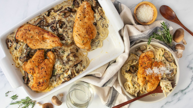 Chicken tetrazzini casserole with composed plate overhead
