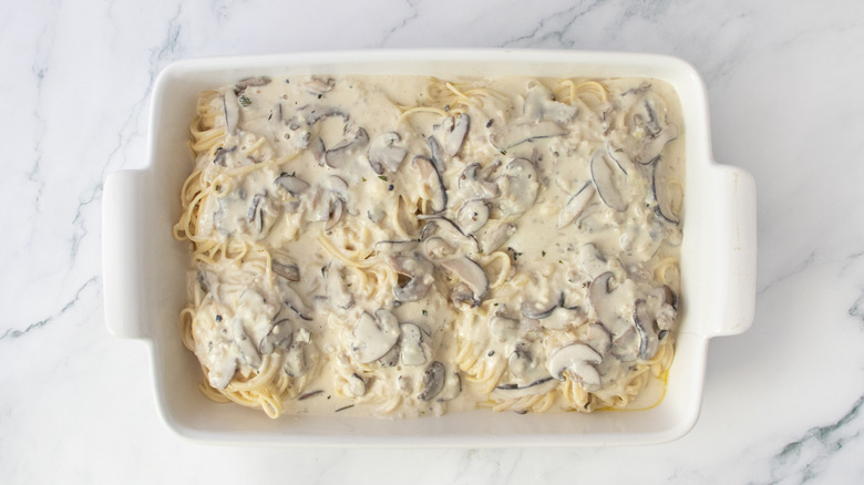 Creamy noodles in a casserole dish
