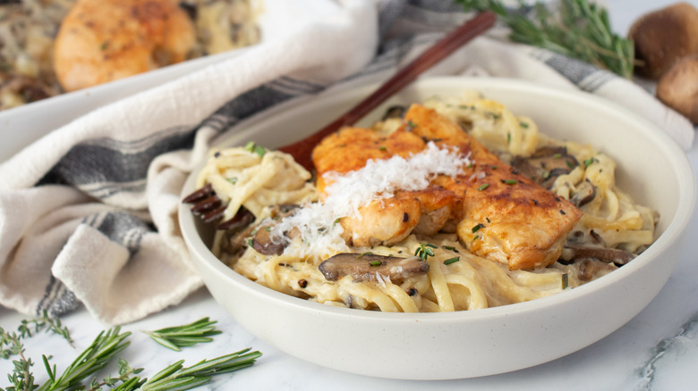 Chicken tetrazzini casserole with composed plate side