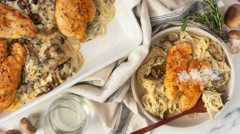 Chicken tetrazzini casserole with composed overhead close up