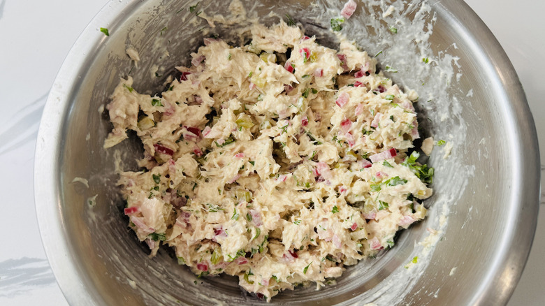 Tuna salad in a stainless steel bowl