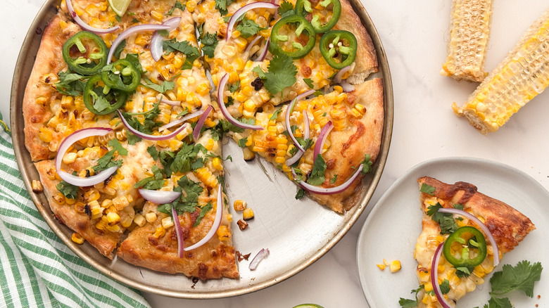 pizza in pan and on plate