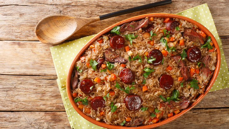 A classic Portuguese duck rice dish seen from above.