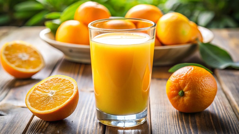 A glass of orange juice on a picnic table, surrounded by sliced oranges, a whole orange, and a bowl of oranges in the background.
