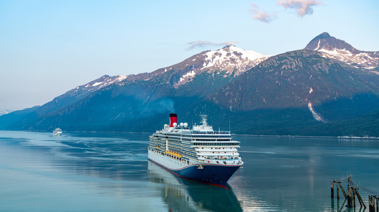 A large cruise ship sailing in Alaska