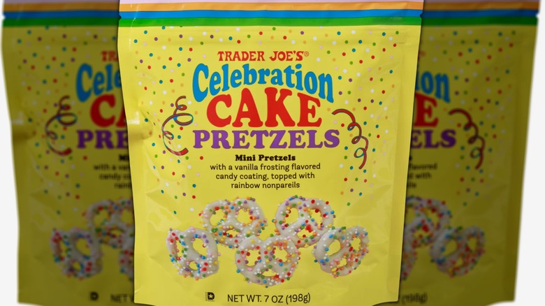 Yellow bag of pretzels with confetti appearing to fall from top of art on bag