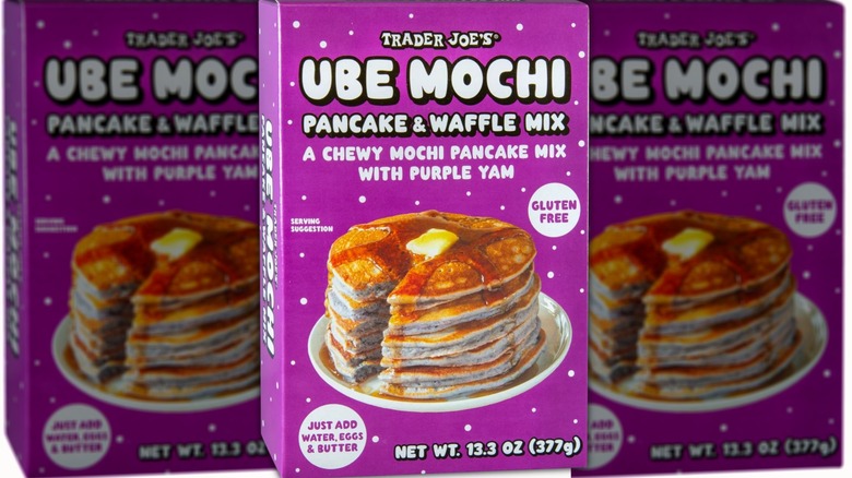 Box of Trader Joe's Ube Mochi Pancake & Waffle Mix with white lettering on a purple background
