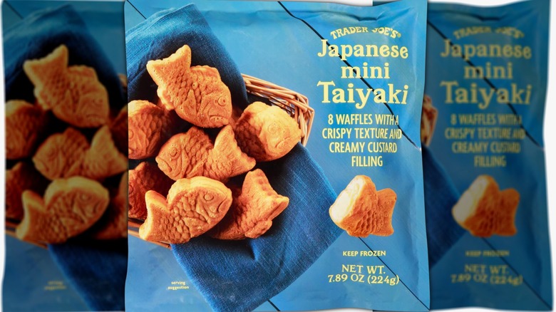 Package of mini taiyaki with a blue background, yellow lettering, and several small fish-shaped taiyaki cakes on a blue napkin