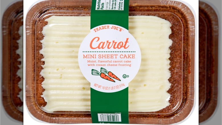 Trader Joe's Carrot Mini Sheet Cake with a green and white label over a plastic lid