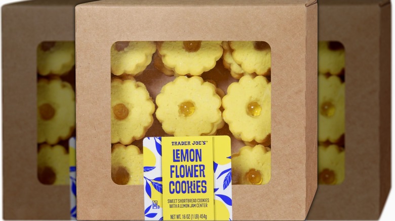 Box of Lemon Flower Cookies with three rows of three cookies showing through window of paperboard box