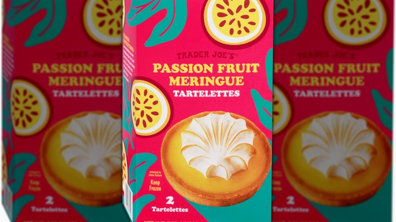 Box of passion fruit tarts with a hot pink backdrop and yellow lettering next to an image of a tart