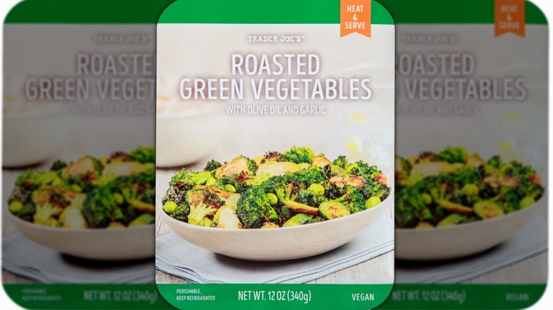 Package of roasted green vegetables showing roasted broccoli and edamame in a white bowl on a white napkin