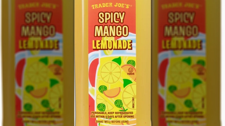 Bottle of Spicy Mango Lemonade with yellow lettering and art on a red background