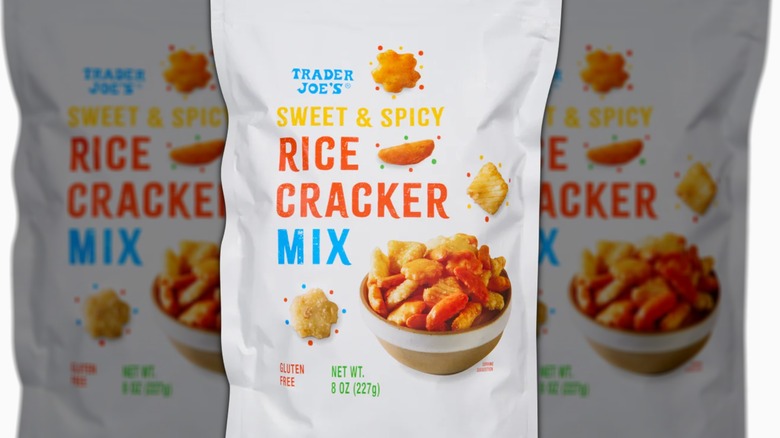 Bag of rice crackers showing blue, yellow, and red lettering on a white background with rice crackers next to the lettering