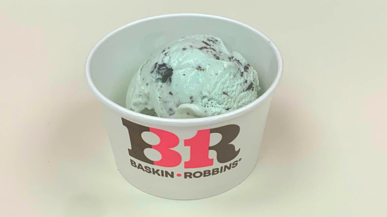 A cup of Baskin-Robbins mint chocolate chip ice cream
