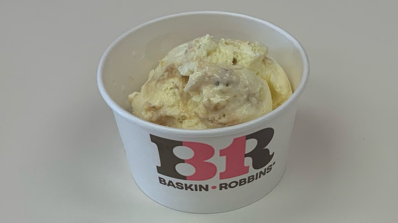cup of Baskin-Robbins pralines 'n cream ice cream