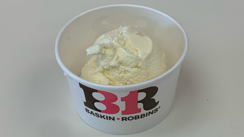 a cup of Baskin-Robbins vanilla ice cream