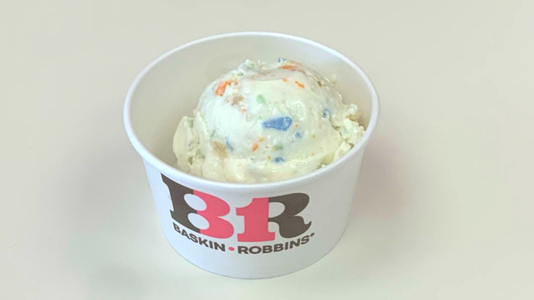 A cup of Baskin-Robbins Icing on the Cake ice cream
