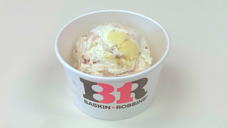 A cup of Baskin-Robbins strawberry cheesecake ice cream