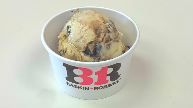 A cup of Baskin-Robbins jamocha almond fudge ice cream