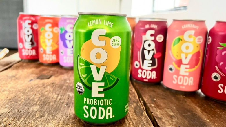 Row of Cove sodas with Lemon Lime flavor in the front
