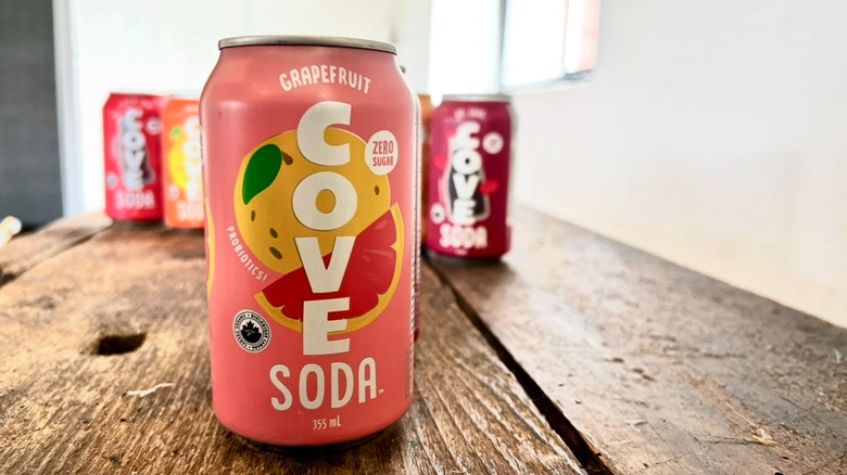 Row of Cove sodas with Grapefruit flavor in the front