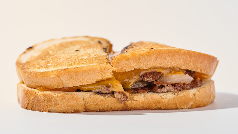 Sourdough patty melt on a table