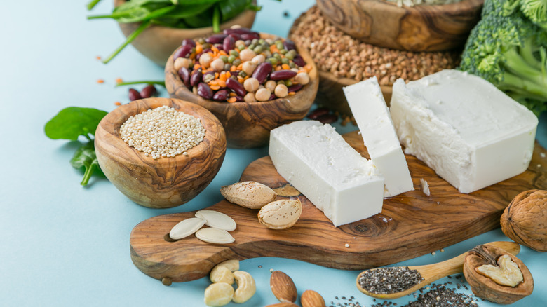 Vegetarian protein sources on a blue surface.