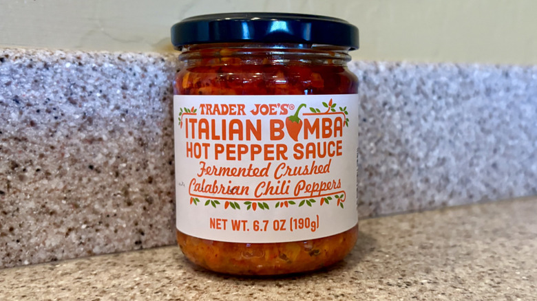Italian Bomba Hot Pepper Sauce from Trader Joe's on a counter