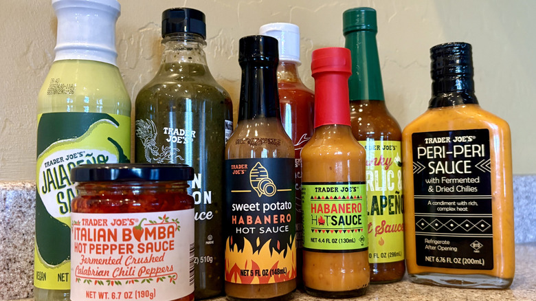 All of the hot sauces from Trader Joe's in a group