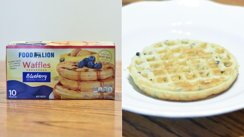A box of Food Lion waffles next to a waffle on a white plate