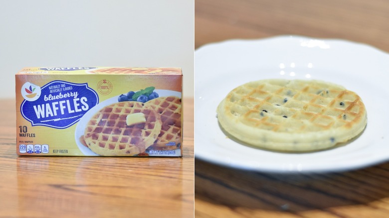 A box of Giant waffles next to a waffle on a white plate