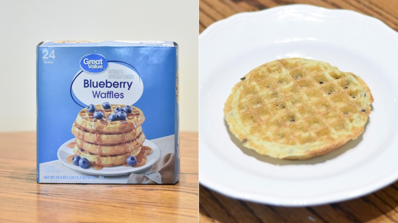 A box of Great Value waffles next to a waffle on a white plate